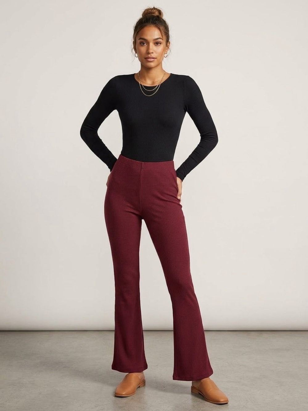 SHEIN Ribbed Boot Cut Pants in Burgundy P46